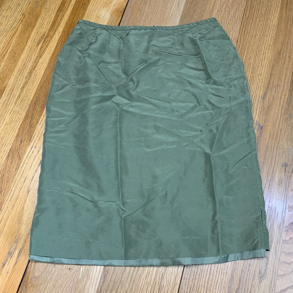 Kasper Petite Olive Green 100% Silk Pencil Skirt Size 6P‎ Lined Professional